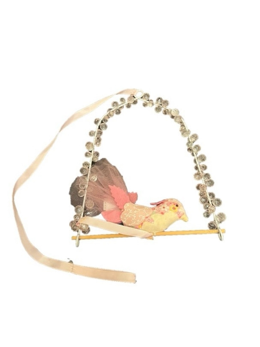 Hanging crystal and plush bird perch embellished mobile ceiling decor y2k